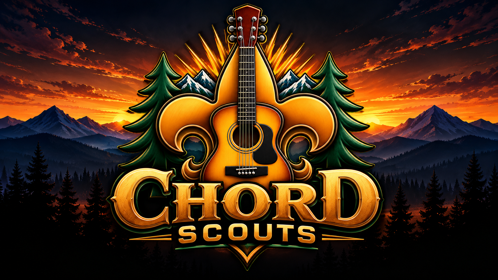 Chord Scouts guitar and fleur-de-lis emblem against a mountain sunset